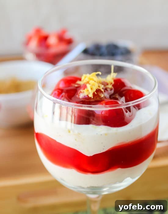 Effortless Cheesecake Parfait Station 9 No Bake Cheesecake Parfait with luscious cherry pie filling