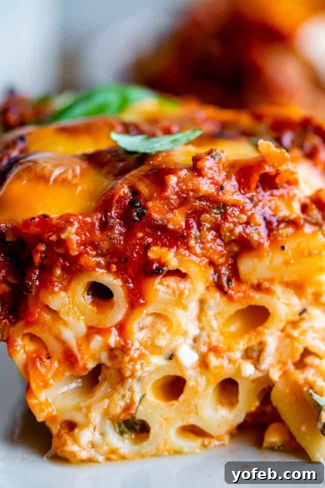 Close-up of baked ziti casserole with layers of pasta, marinara sauce, melted cheese, and herbs, finished with a fresh basil leaf.