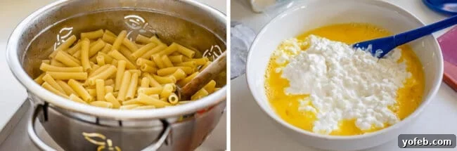 Prepared Pasta and Creamy Cheese Mixture for Baked Ziti. Cooked ziti pasta in a colander alongside a bowl of cottage cheese, eggs, and Parmesan mixture.