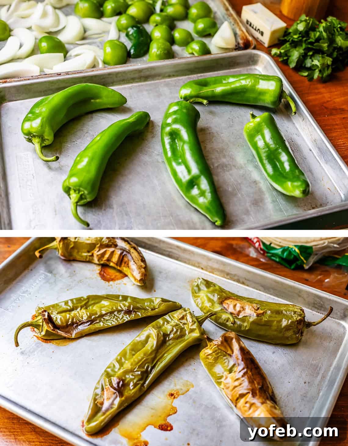 Tangy Tomatillo Enchilada Sauce 12 top: dry, whole anaheim peppers on a baking sheet, bottom: same peppers roasted.