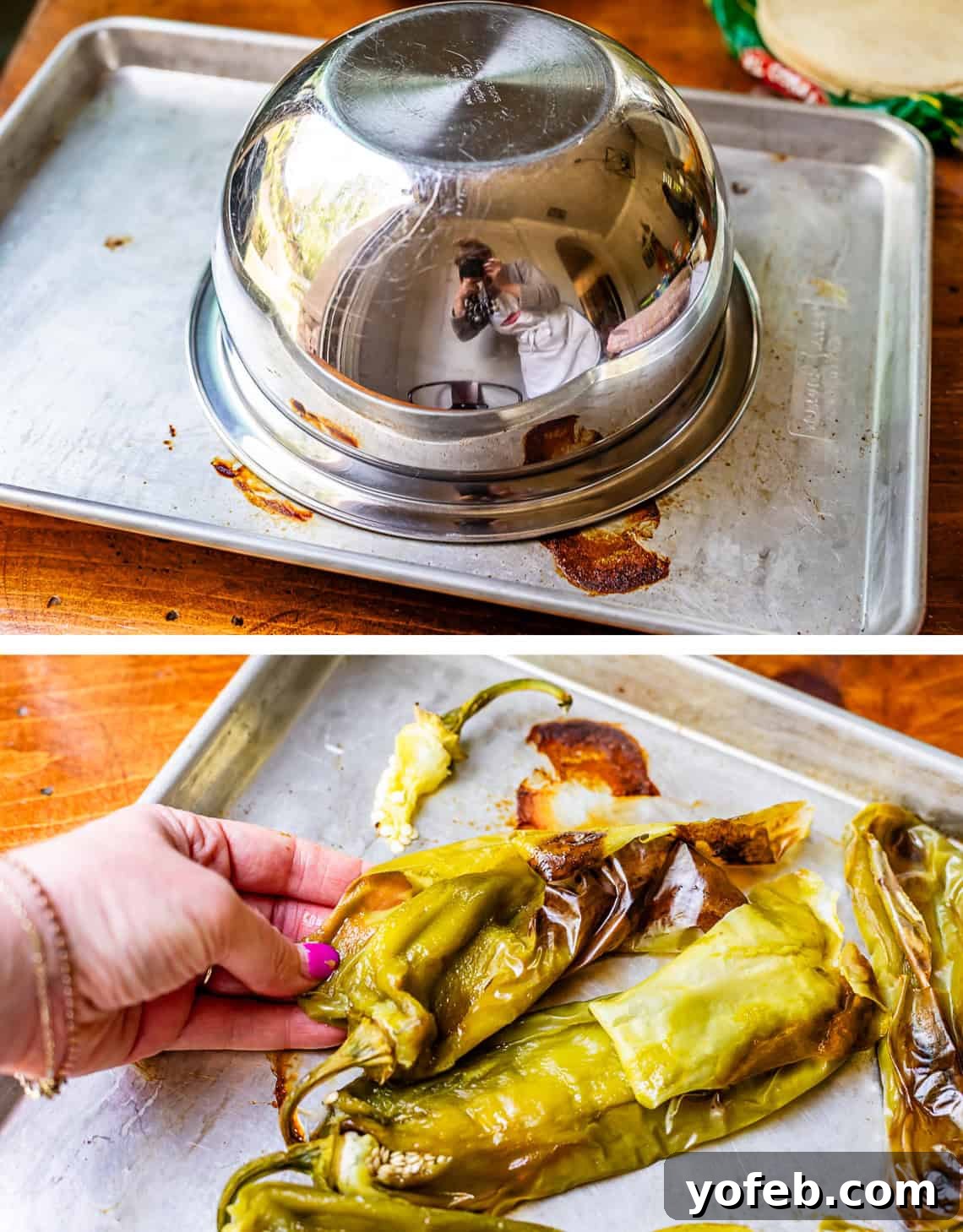 Tangy Tomatillo Enchilada Sauce 13 top: silver bowl covering roasted peppers to help them steam, bottom: peeling skin off.