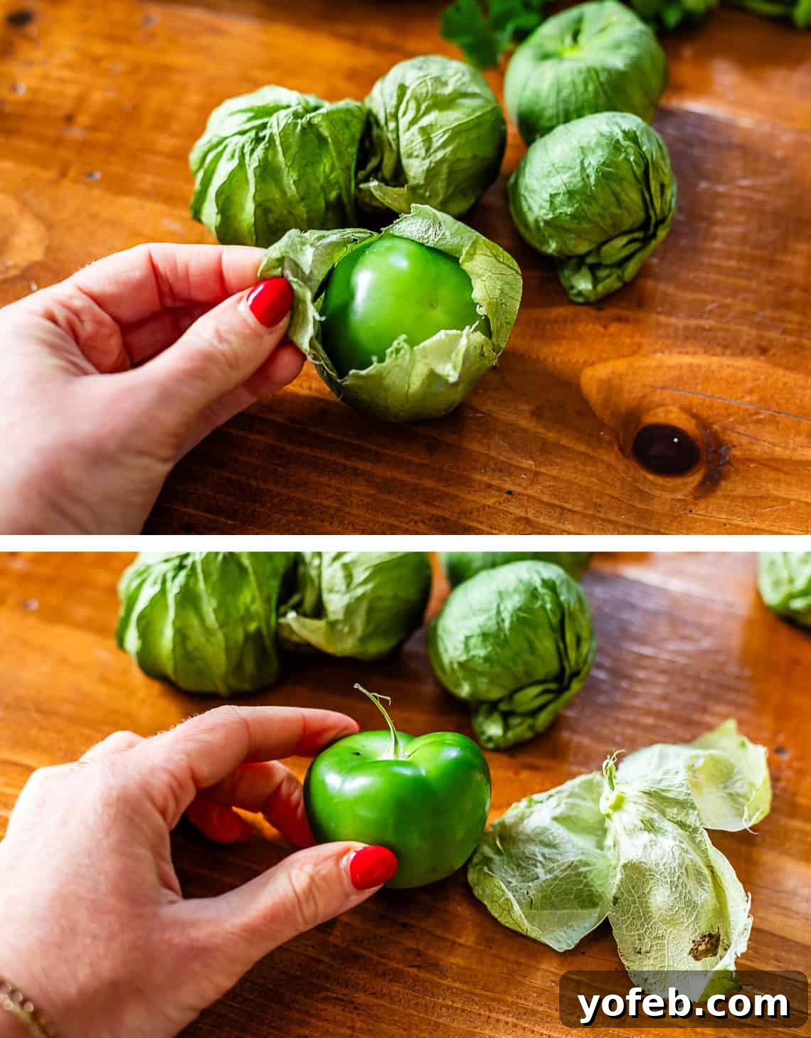 Tangy Tomatillo Enchilada Sauce 7 top: hand peeling tomatillos, bottom: hand holding peeled tomatillo.