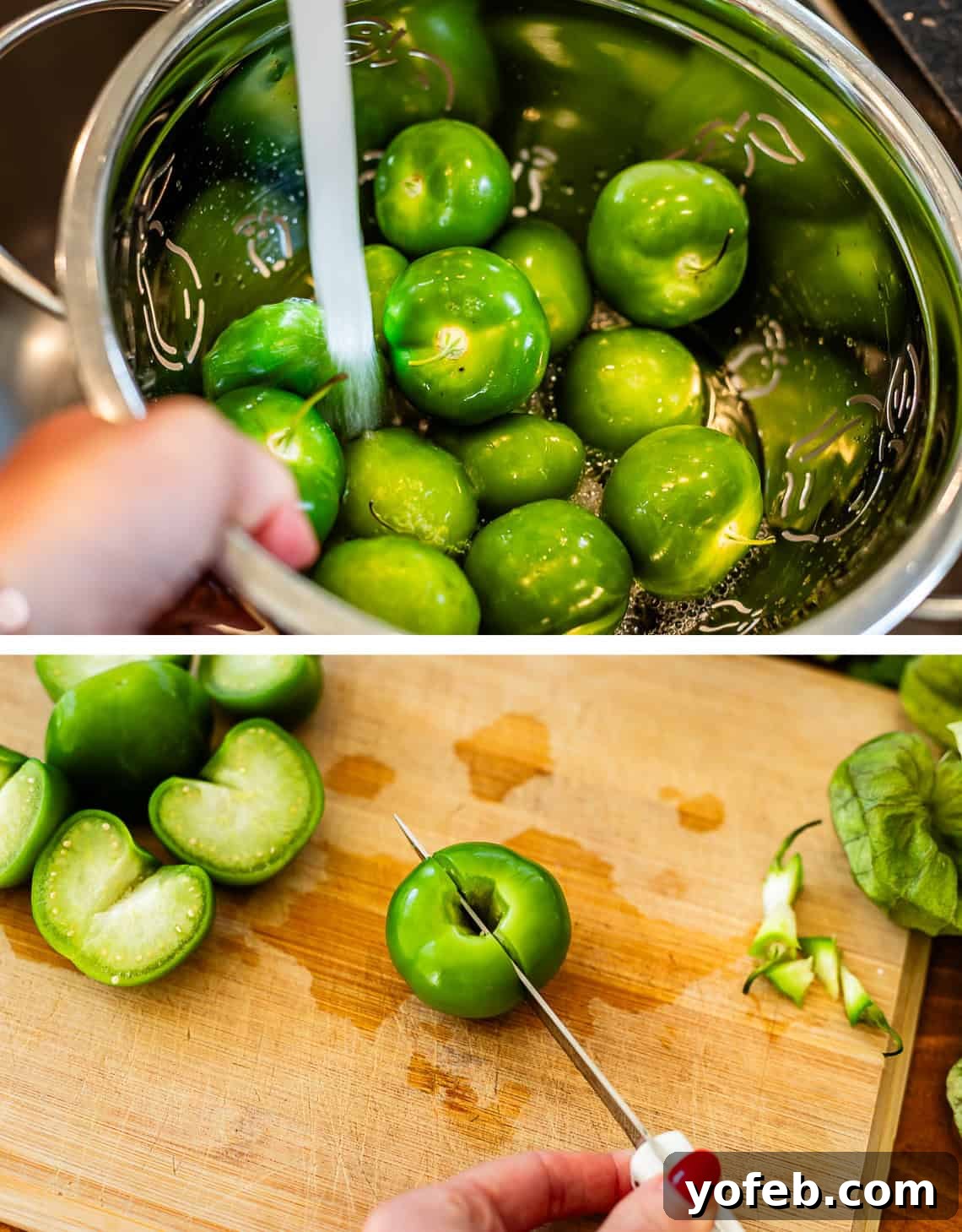 Tangy Tomatillo Enchilada Sauce 8 top: tomatillos being washed in a colander, bottom: knife slicing a tomatillo in half.