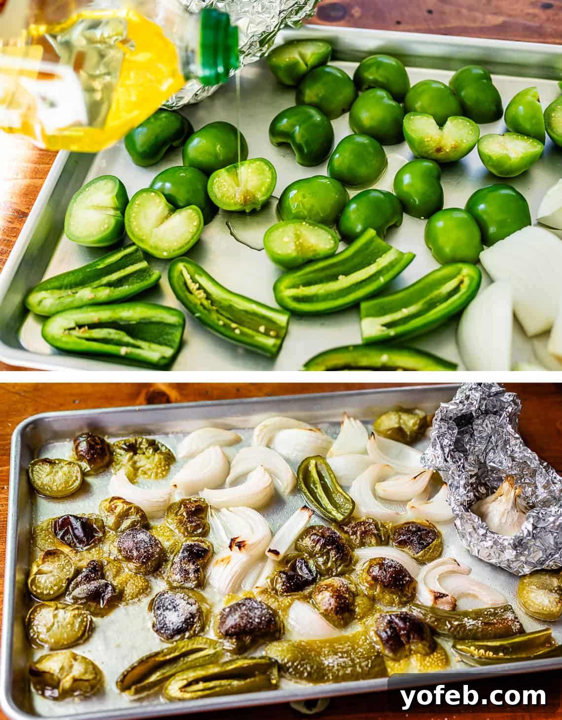 Tangy Tomatillo Enchilada Sauce 9 top: oil being poured onto tomatillos and jalapenos on a sheet pan, bottom: all of it roasted.