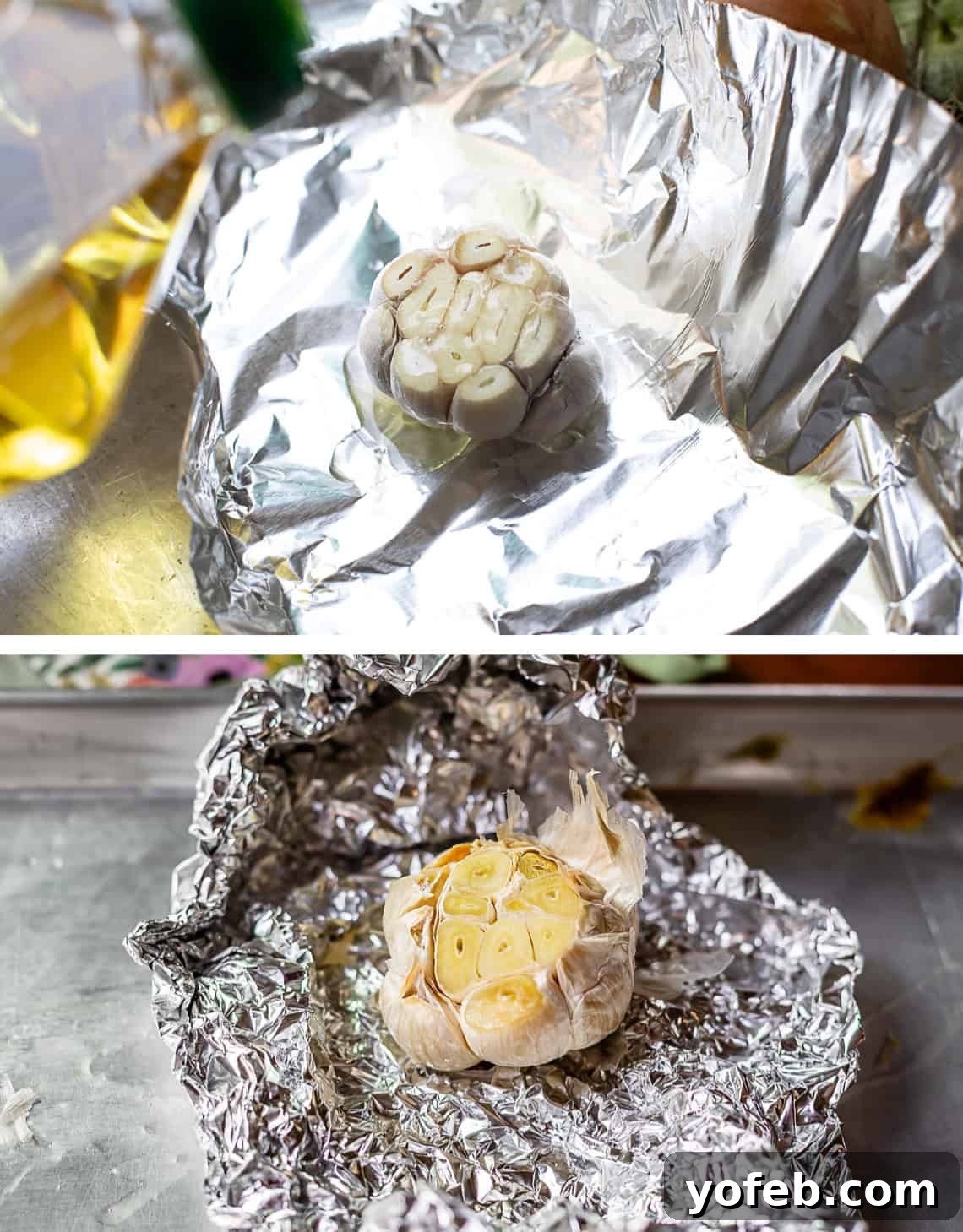 Tangy Tomatillo Enchilada Sauce 10 top: head of garlic on foil, bottom: unwrapped garlic that is now roasted.