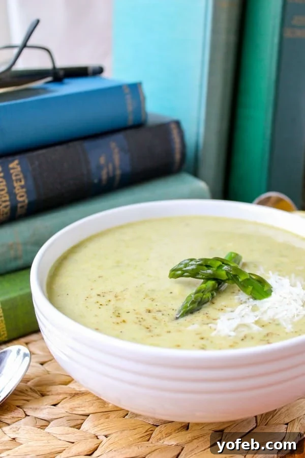 Vibrant Spring Asparagus Puree 12 A steaming bowl of Best Asparagus Soup, creamy and garnished with asparagus tips and cheese.