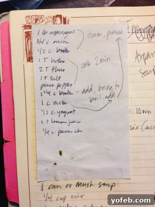 Vibrant Spring Asparagus Puree 3 Handwritten recipe notes on a scrap of paper, showing a personal touch to cooking.