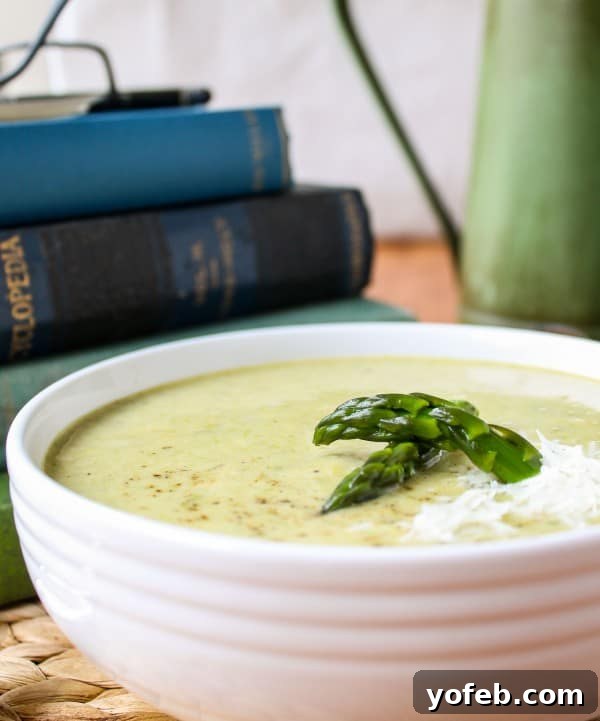Vibrant Spring Asparagus Puree 4 A bowl of fresh asparagus soup accompanied by old books and reading glasses, evoking a relaxed atmosphere.