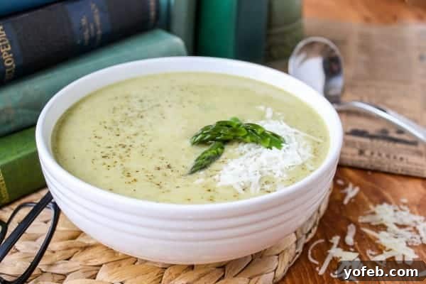 Vibrant Spring Asparagus Puree 10 Another inviting shot of creamy asparagus soup in a bowl, garnished and ready to serve.