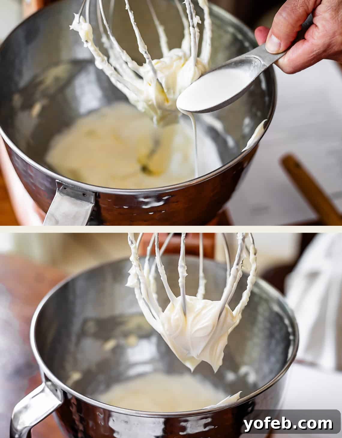 Luscious Chocolate Buttercream: Spoon-Licking Guaranteed 10 top: adding cream into mixing bowl, bottom: cream mixed into butter.