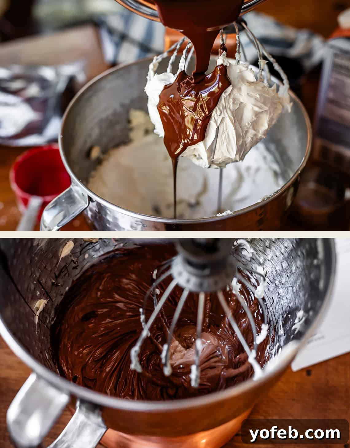 Luscious Chocolate Buttercream: Spoon-Licking Guaranteed 11 top: pouring chocolate into mixer, bottom: mixer beating the chocolate into the butter mixture.
