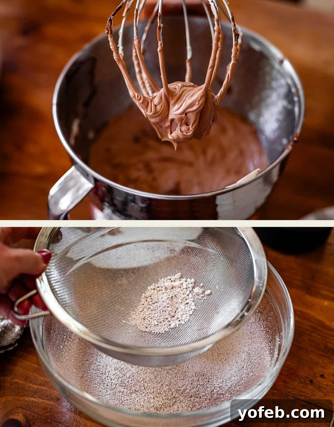 Luscious Chocolate Buttercream: Spoon-Licking Guaranteed 12 top: chocolate butter mixture all mixed together, bottom: sifting powdered sugar and cocoa together.