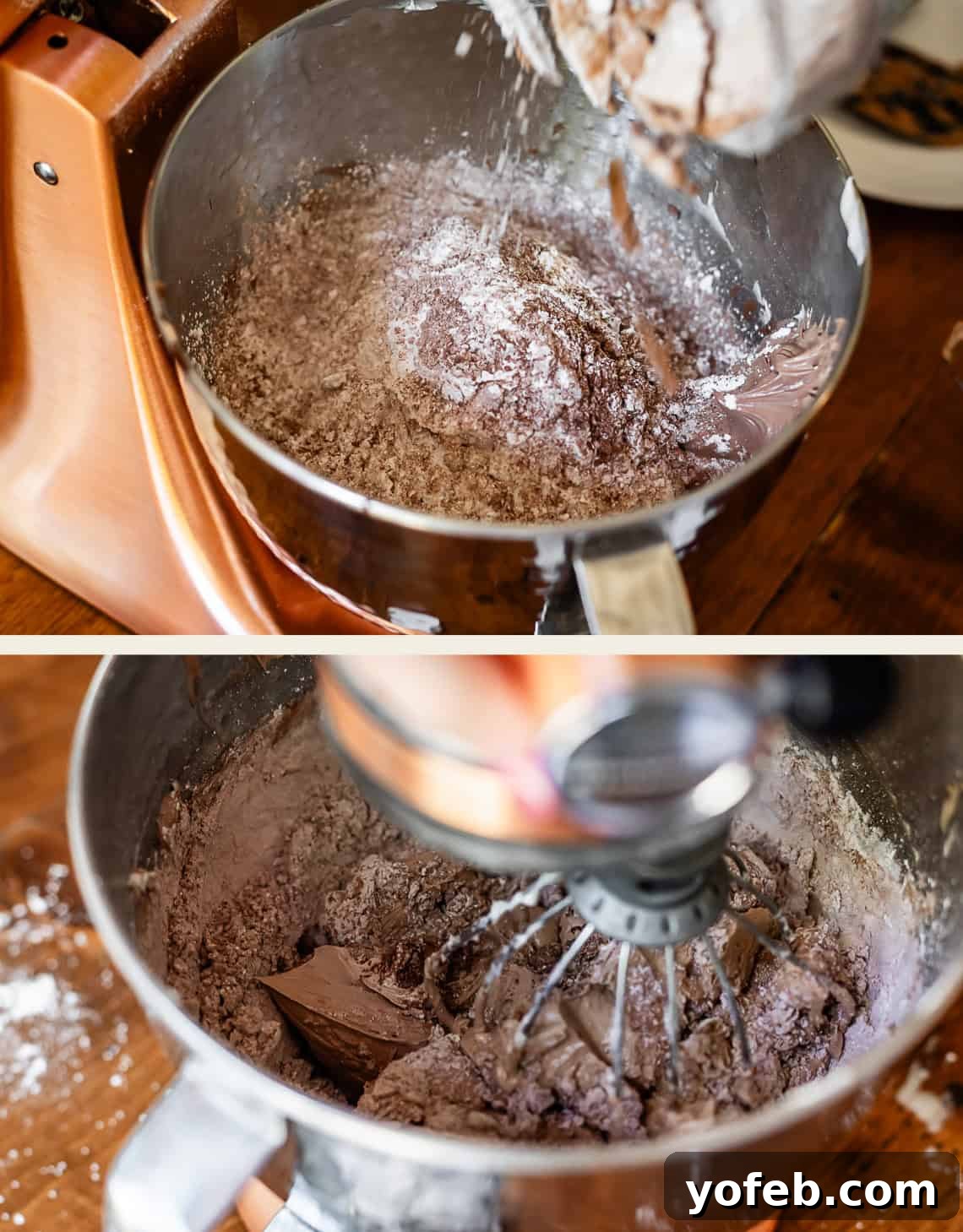 Luscious Chocolate Buttercream: Spoon-Licking Guaranteed 13 top: dumping dry ingredients into mixer, bottom: mixer stirring all ingredients together.