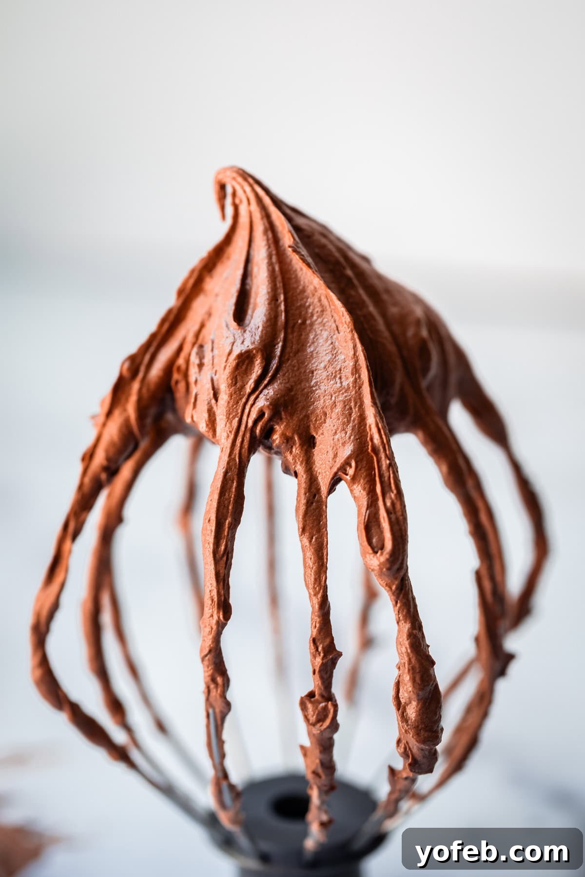 Luscious Chocolate Buttercream: Spoon-Licking Guaranteed 14 whisk attachment being held upside down with chocolate frosting on the end at a peak.