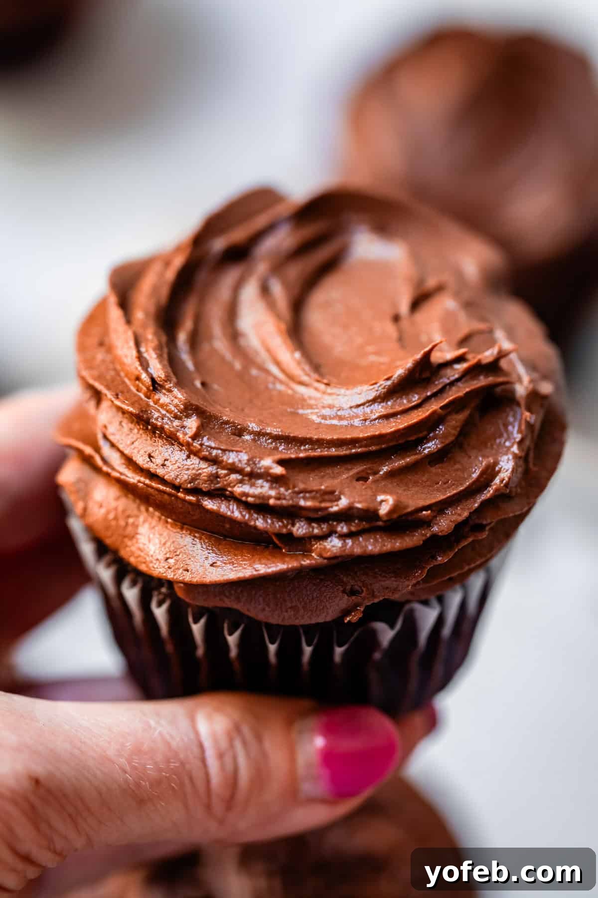 Luscious Chocolate Buttercream: Spoon-Licking Guaranteed 18 hand holding a chocolate cupcake in liner topped with chocolate frosting.