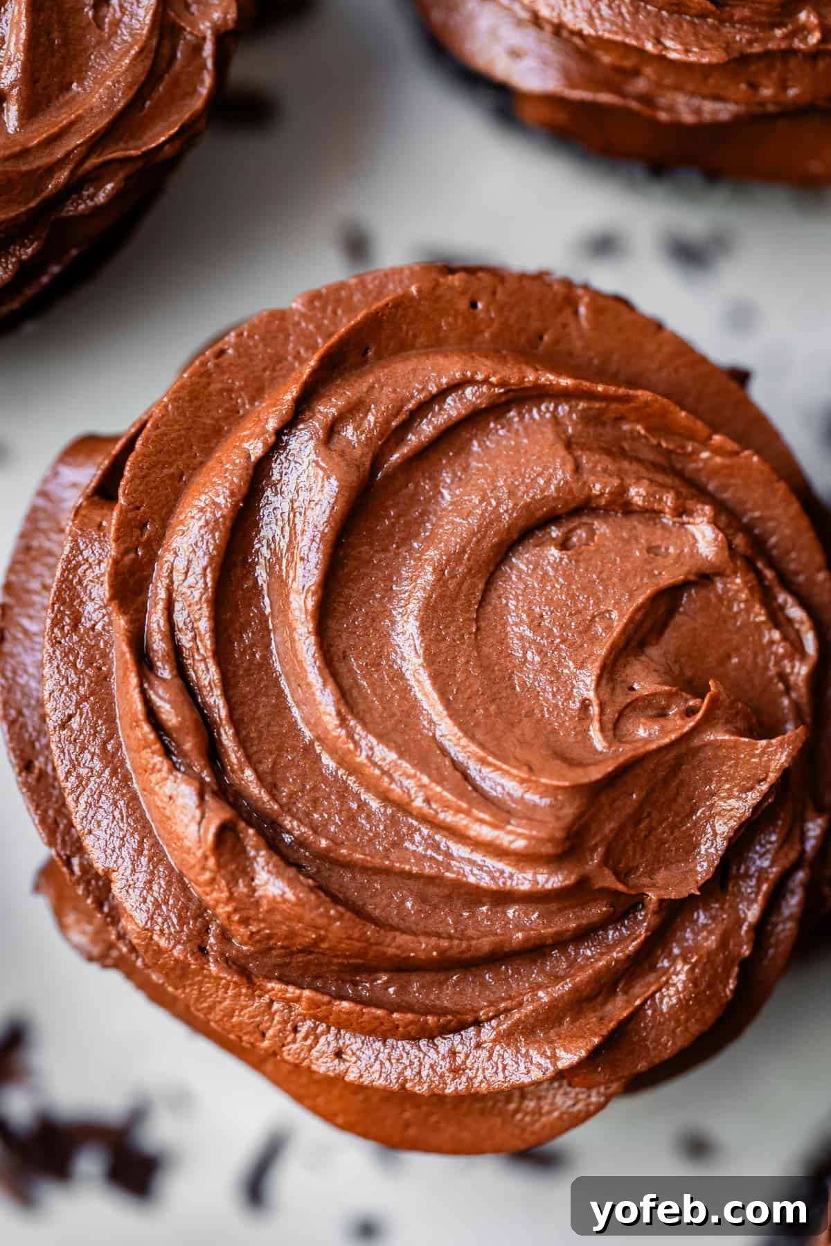 Luscious Chocolate Buttercream: Spoon-Licking Guaranteed 5 looking down at creamy chocolate buttercream frosting swirled on a cupcake.