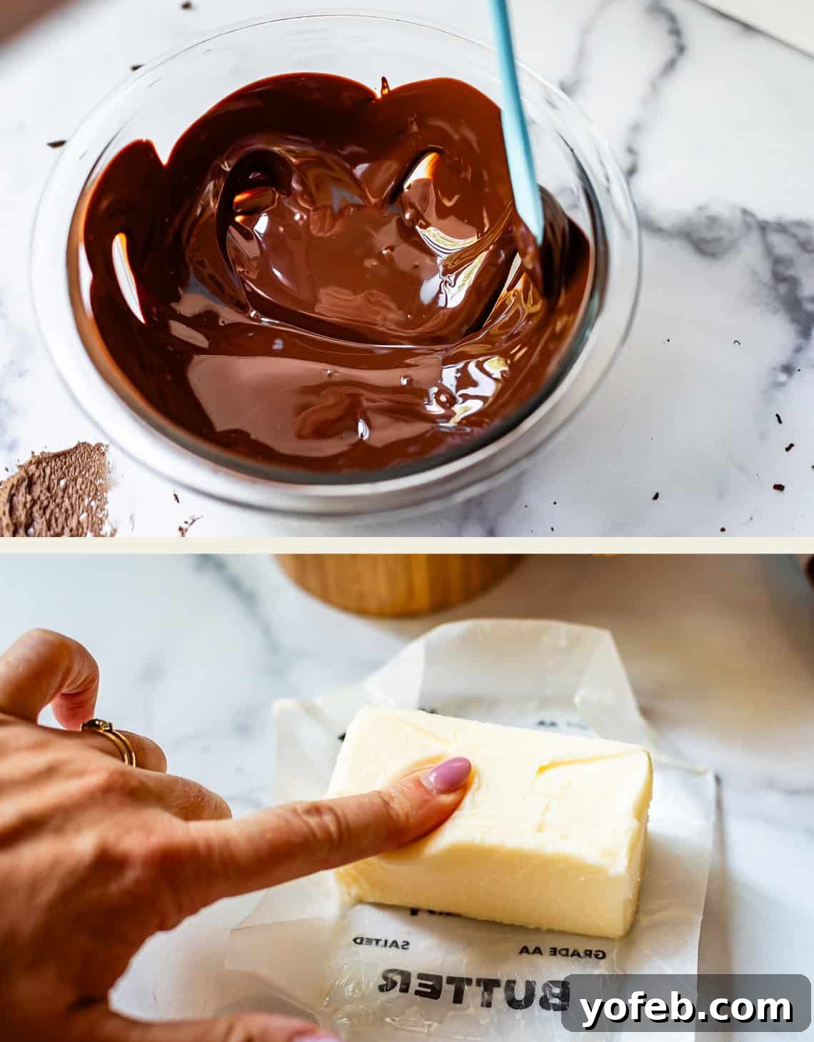 Luscious Chocolate Buttercream: Spoon-Licking Guaranteed 8 top: melted chocolate in glass bowl, bottom: finger pressing into soft butter.