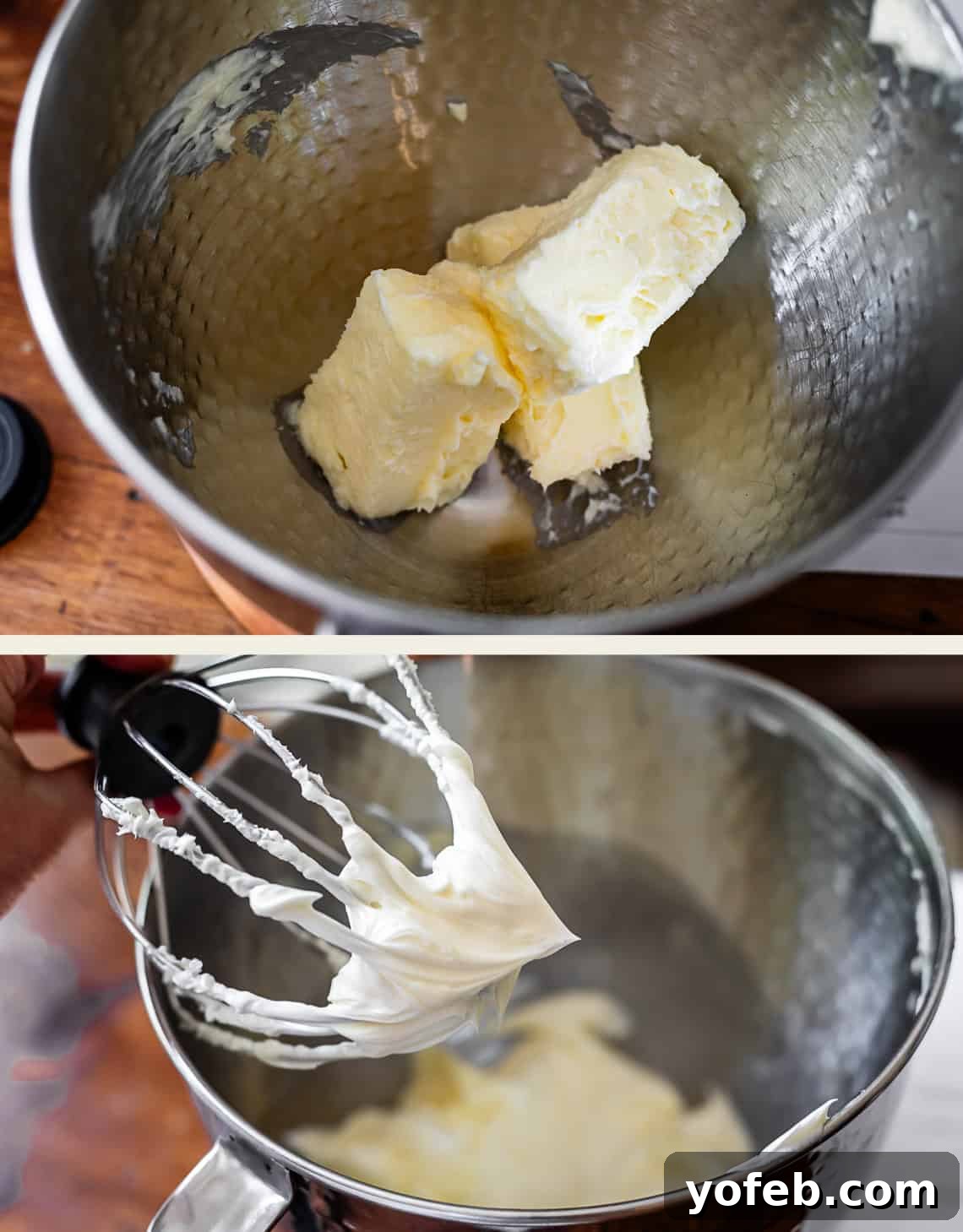 Luscious Chocolate Buttercream: Spoon-Licking Guaranteed 9 top: softened butter in mixing bowl, bottom: whipped butter on end of whisk attachment.