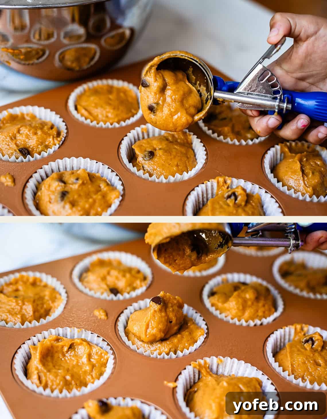 Warm Spiced Pumpkin Chocolate Chip Muffins 11 Scooping muffin batter into lined muffin tin for baking.