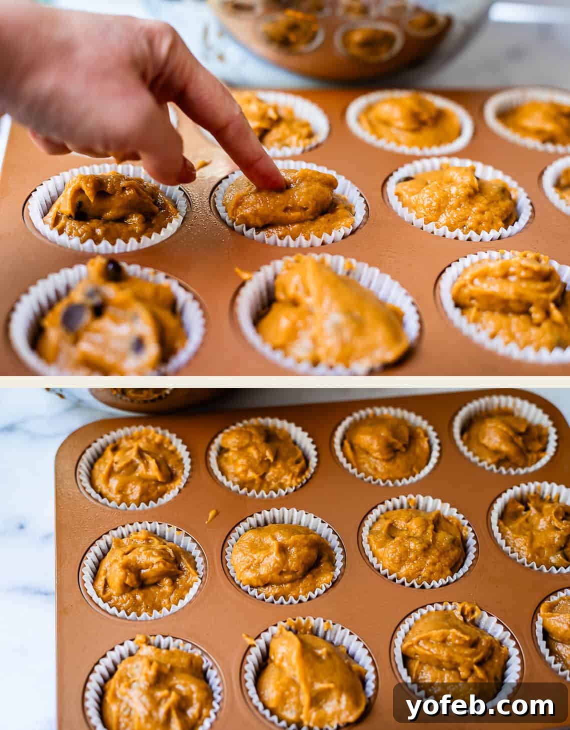 Warm Spiced Pumpkin Chocolate Chip Muffins 12 Pressing chocolate chips down into muffin batter in the muffin pan before baking.