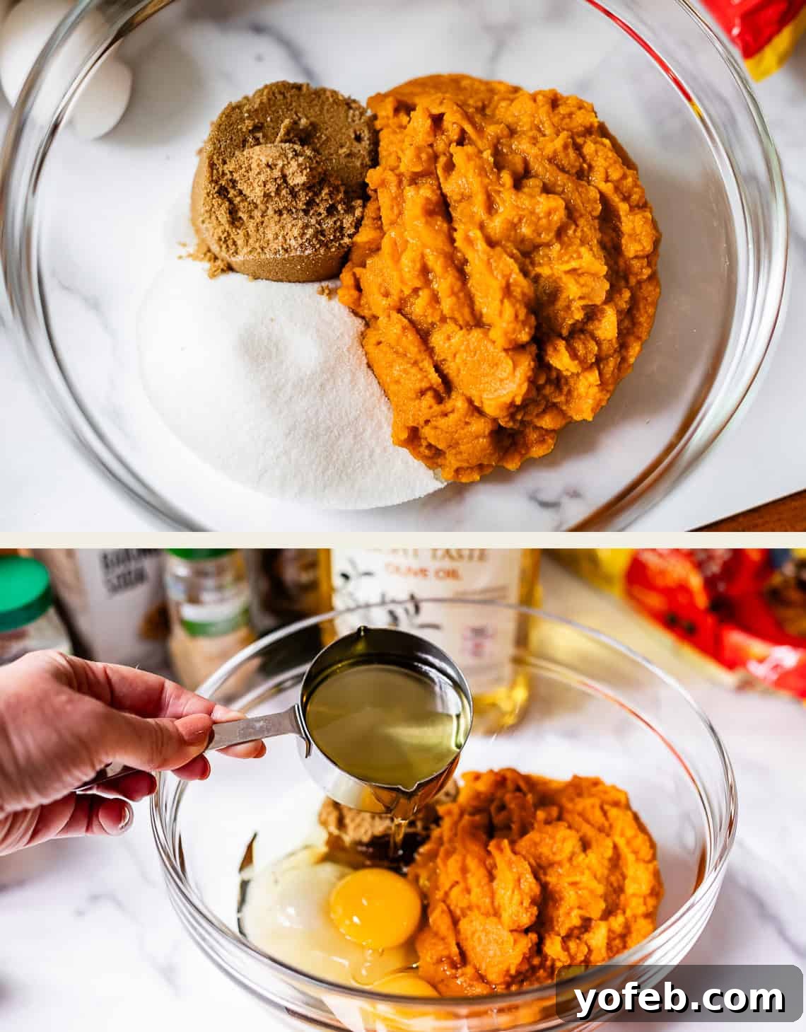Warm Spiced Pumpkin Chocolate Chip Muffins 7 Top image shows pumpkin and sugars in a glass bowl, bottom image shows adding oil to the bowl.