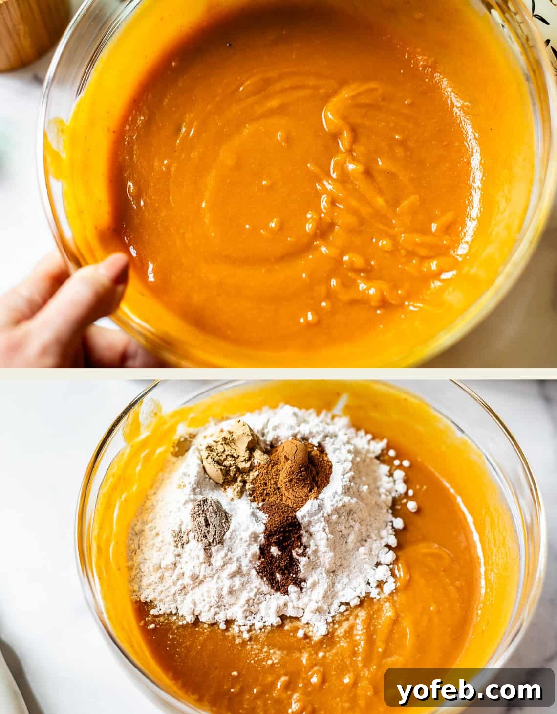 Warm Spiced Pumpkin Chocolate Chip Muffins 8 Top image shows wet ingredients mixed in a glass bowl, bottom image shows dry ingredients added in a pile on top of the wet ingredients.