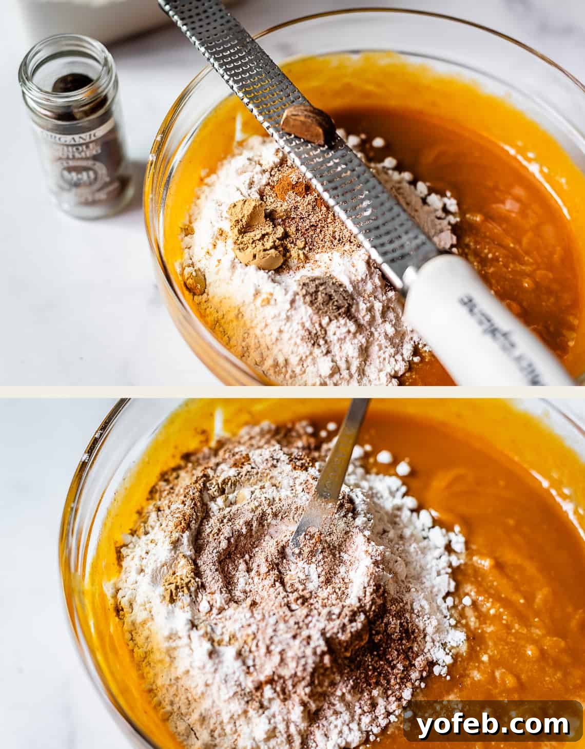 Warm Spiced Pumpkin Chocolate Chip Muffins 9 Top image shows nutmeg being grated on a microplane, bottom image shows a teaspoon mixing the dry ingredients together.