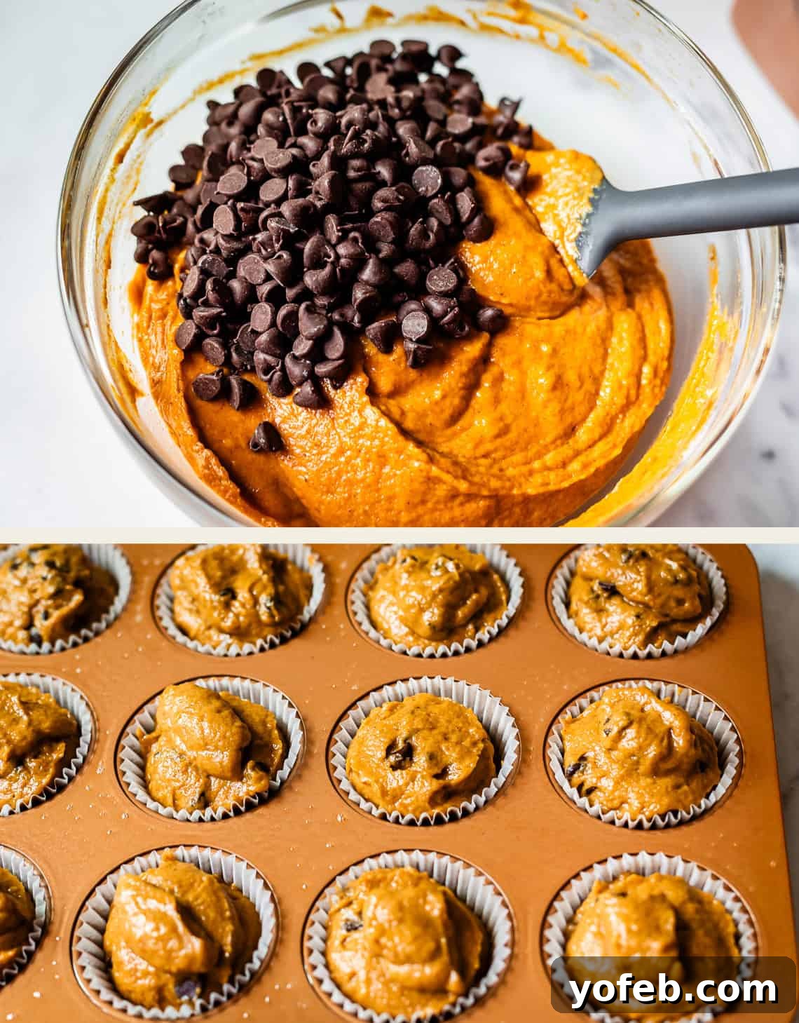 Warm Spiced Pumpkin Chocolate Chip Muffins 10 Top image shows chocolate chips in batter ready to be mixed, bottom image shows batter in muffin tin ready to bake.