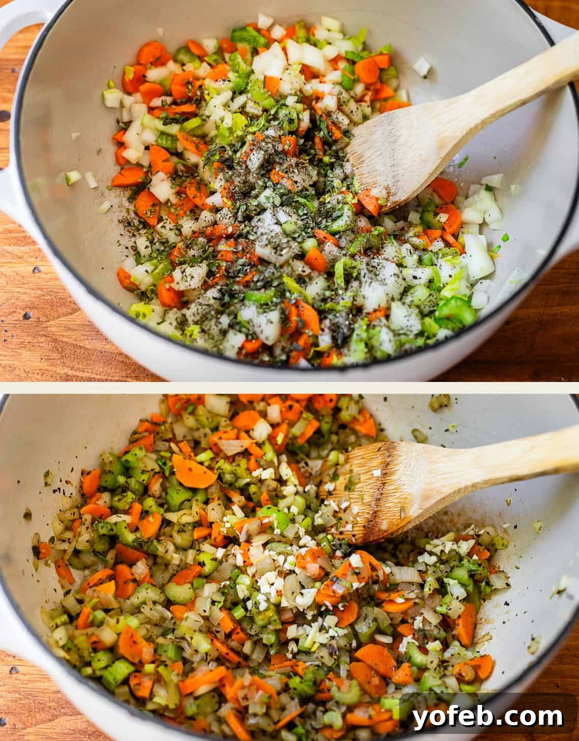 Laura's Sumptuous Tomato Bisque 7 Top image illustrates spices being generously sprinkled onto sautéing vegetables in a large pot. Bottom image shows garlic cloves being added and stirred into the simmering vegetables.