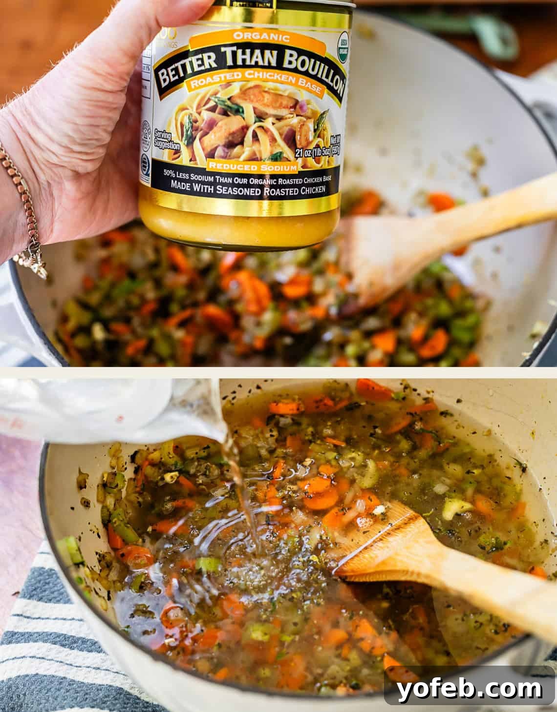 Laura's Sumptuous Tomato Bisque 8 Top image shows a hand holding a jar of Better Than Bouillon, a key ingredient for rich broth. Bottom image captures water being added to the simmering vegetables in the pot, forming the soup base.