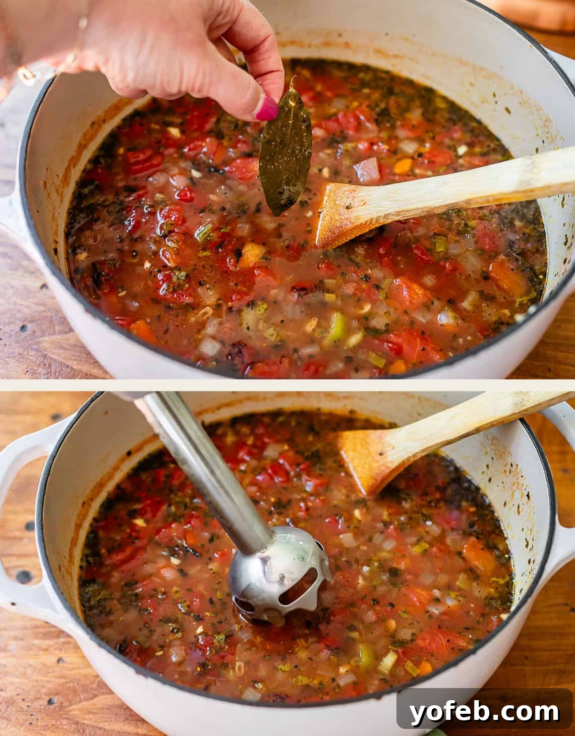 Laura's Sumptuous Tomato Bisque 9 Top image shows a hand carefully removing the bay leaf from the simmering soup. Bottom image depicts an immersion blender being submerged into the soup, ready to purée.