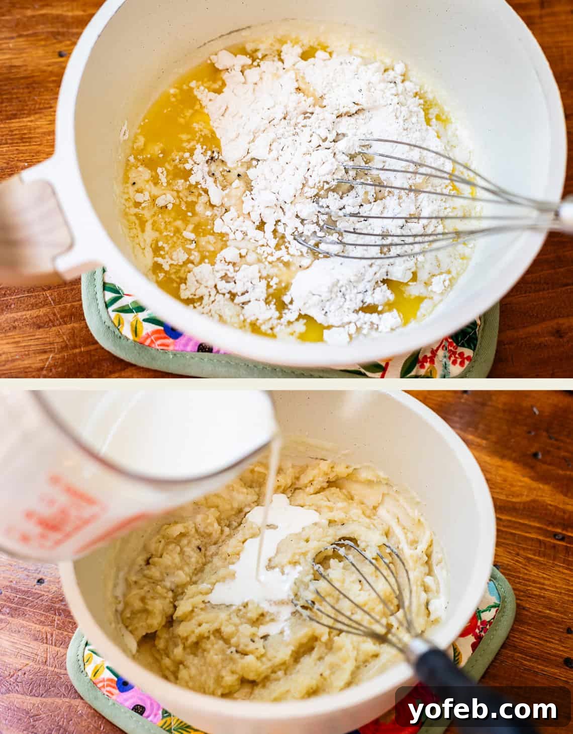 Laura's Sumptuous Tomato Bisque 10 Top image shows flour being added to melted butter in a pan to create a roux. Bottom image captures milk being gradually incorporated into the roux, stirring continuously.