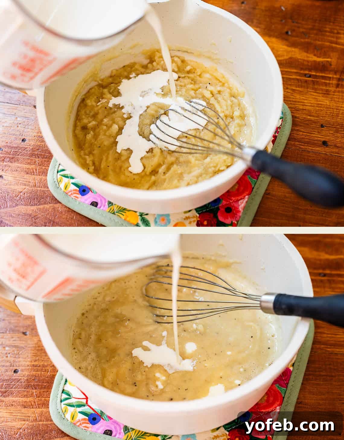 Laura's Sumptuous Tomato Bisque 11 Top image illustrates more milk being added to the developing roux in the pot. Bottom image shows even more milk being poured in, emphasizing the gradual process of creating a smooth white sauce.