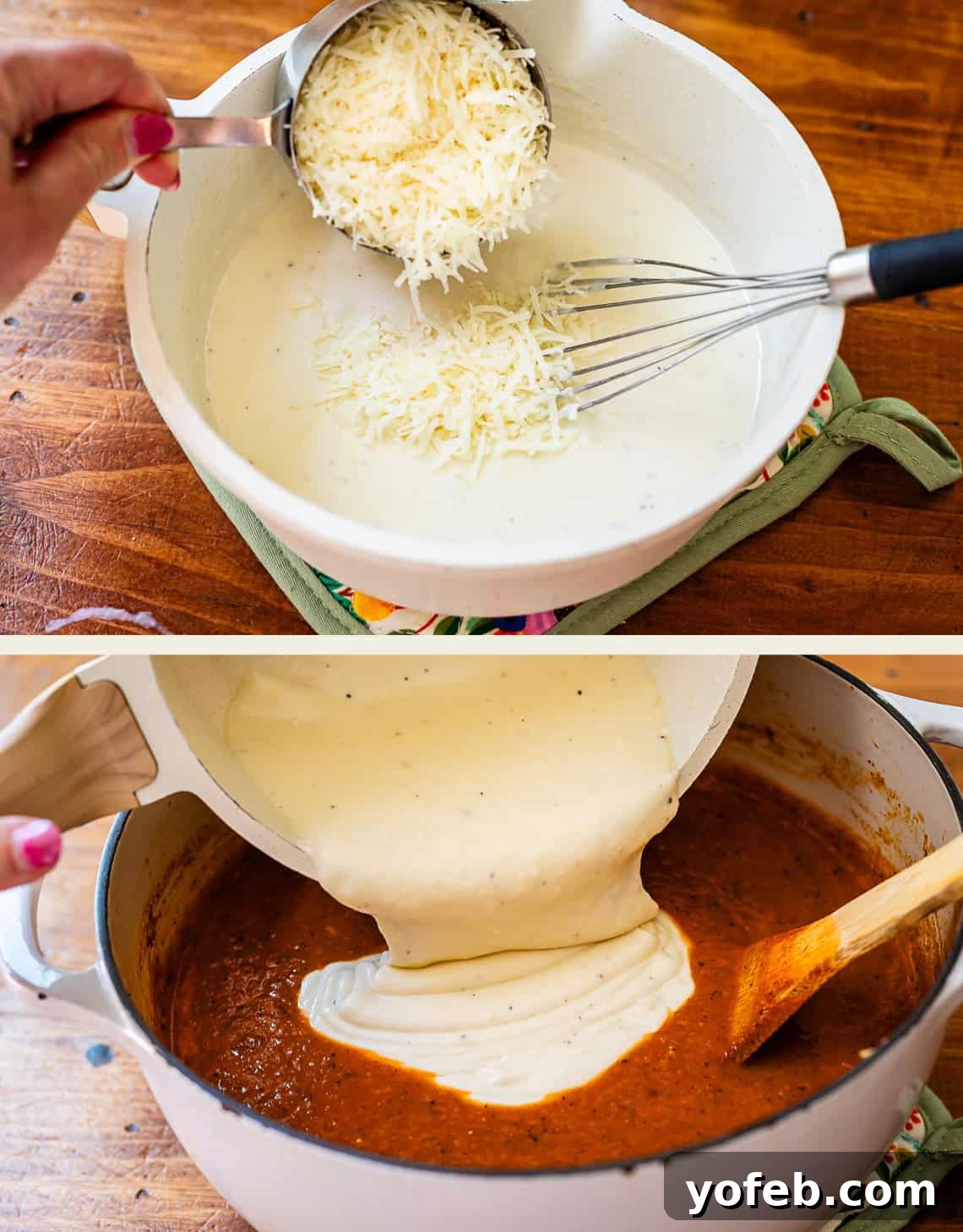 Laura's Sumptuous Tomato Bisque 13 Top image shows grated Parmesan cheese being added to the rich white sauce. Bottom image captures the creamy white sauce being poured into the blended tomato soup.