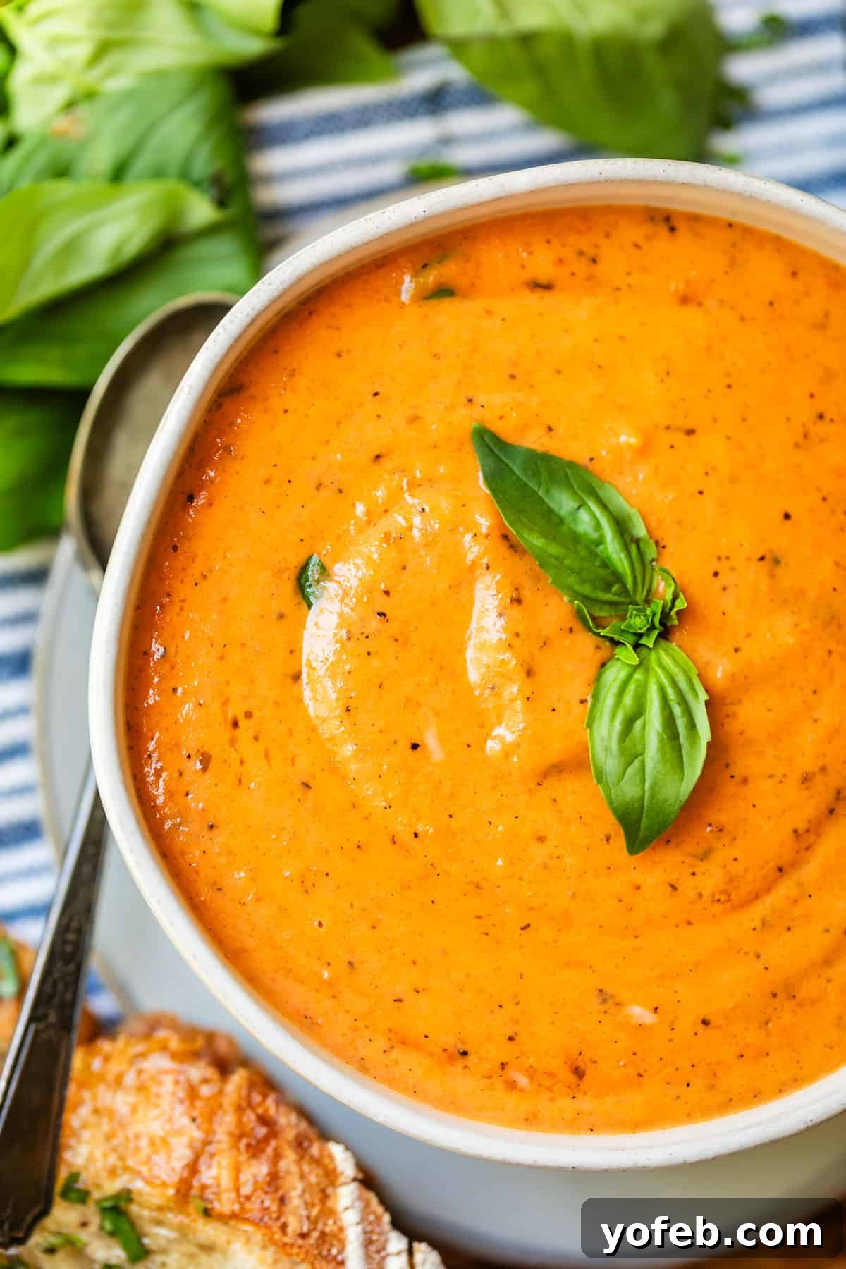 Laura's Sumptuous Tomato Bisque 5 A ceramic bowl of rich tomato soup, garnished with fresh basil leaves, resting on a rustic wooden table with a spoon beside it.