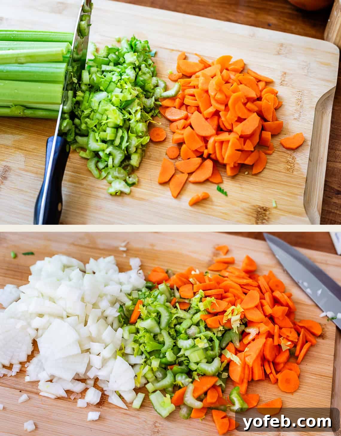 Laura's Sumptuous Tomato Bisque 6 Top image shows a knife expertly chopping celery on a rustic cutting board. Bottom image displays a neatly arranged pile of chopped onions, celery, and carrots, ready for cooking.