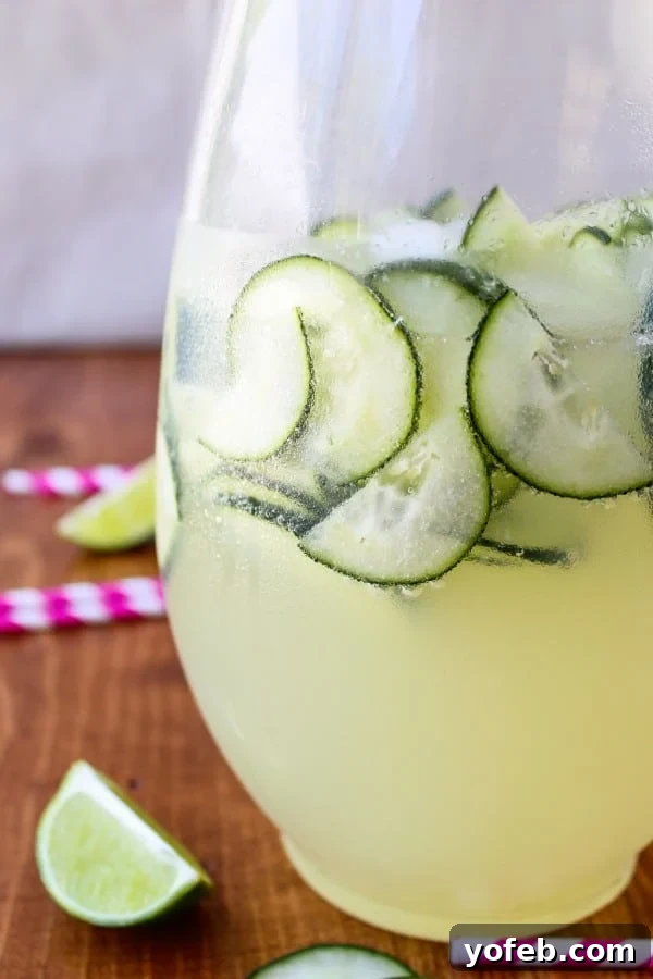 Cucumber and lime slices floating in a pitcher of homemade punch.