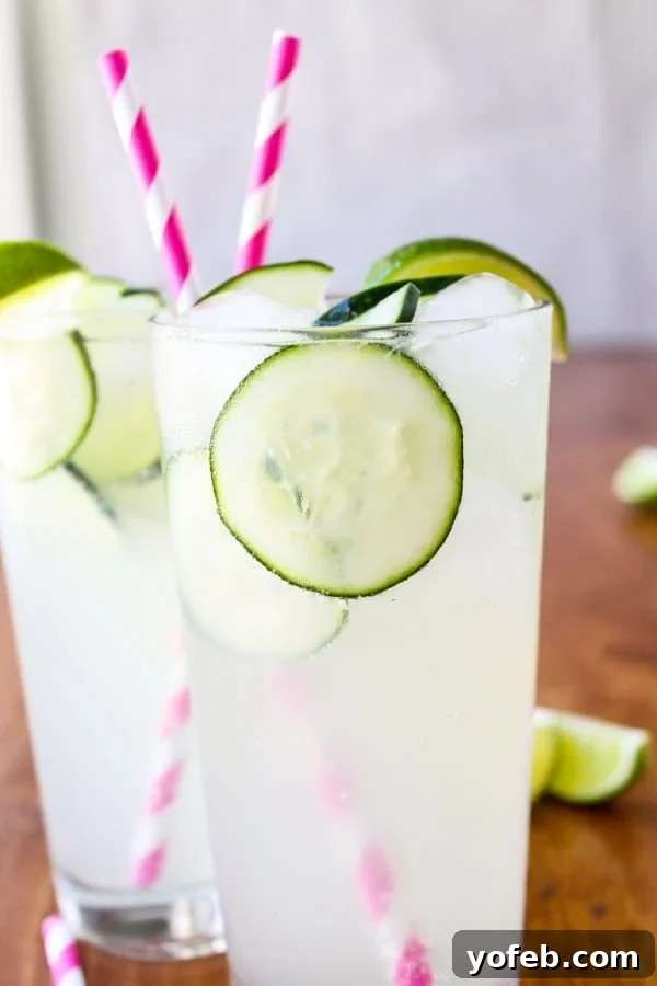 Sparkling Easy Cucumber Lime Punch in a tall glass, garnished with fresh lime and cucumber.