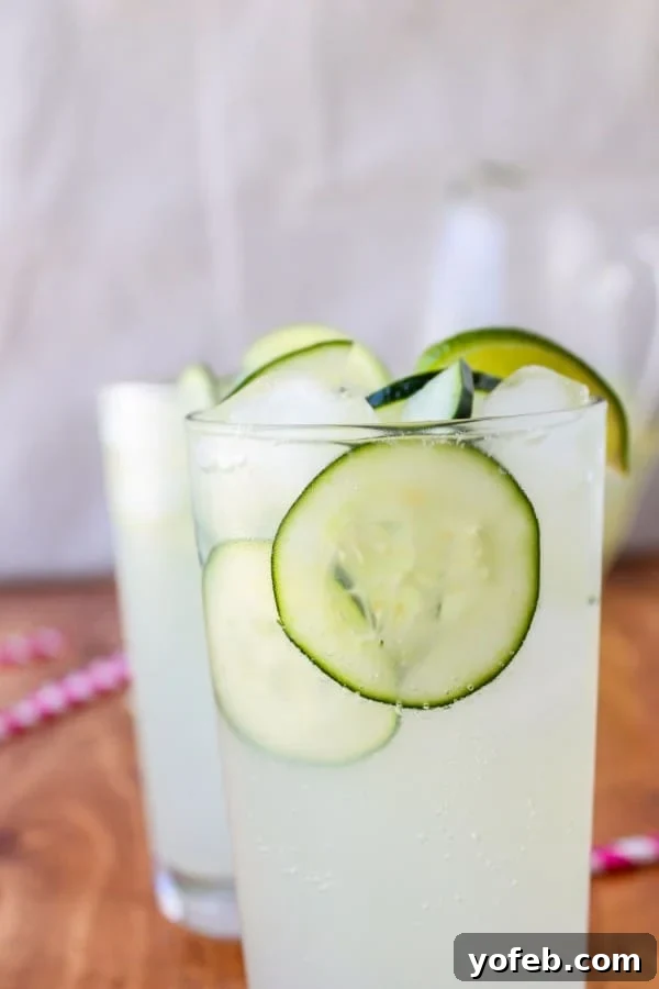 A pitcher of Easy Cucumber Lime Punch ready to be served, garnished with lime and cucumber slices.