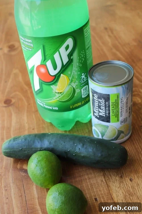Vibrant Cucumber Lime Refresher 9 Serving of Easy Cucumber Lime Punch in a glass, with a note about using diet soda for best flavor.