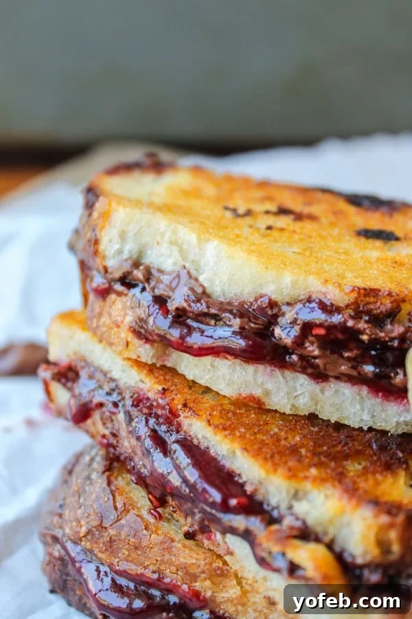 Gooey Raspberry Nocciolata Grilled Sandwich with golden-brown bread
