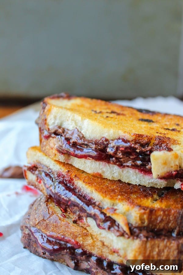 Close-up of a delectable Raspberry Nocciolata Grilled Sandwich, oozing with filling