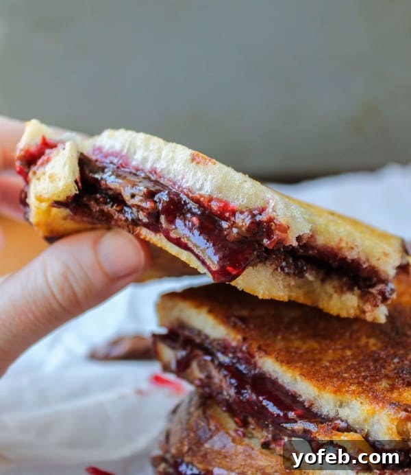 Grilled sandwich with melted Nocciolata and raspberry jam filling