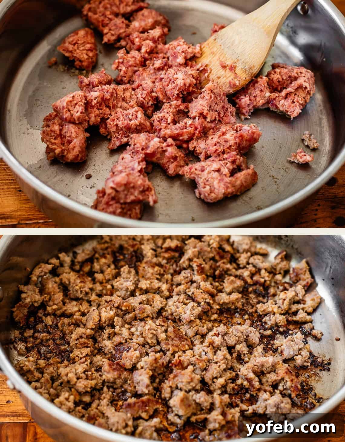Fluffy Biscuits, Savory Gravy 12 top: wooden spoon browning sausage in skillet, bottom: sausage all browned in skillet.