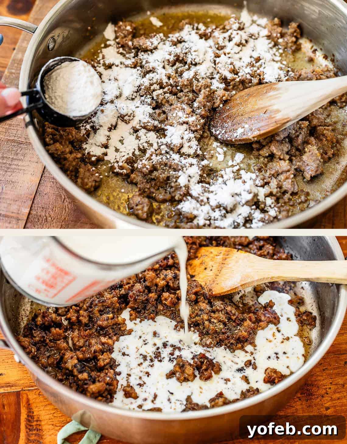Fluffy Biscuits, Savory Gravy 14 top: flour being added to the butter and sausage mixture, bottom: adding milk in to mixture.