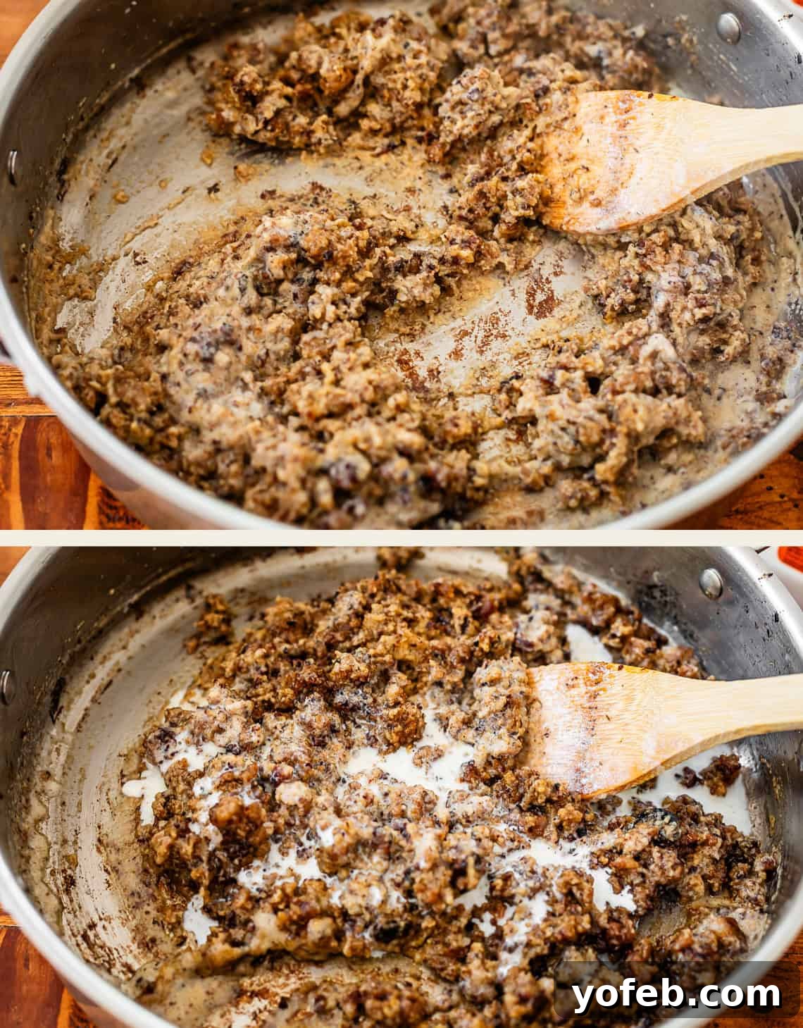 Fluffy Biscuits, Savory Gravy 15 top: meat and roux all cooked together, bottom: adding some milk to the mixture.