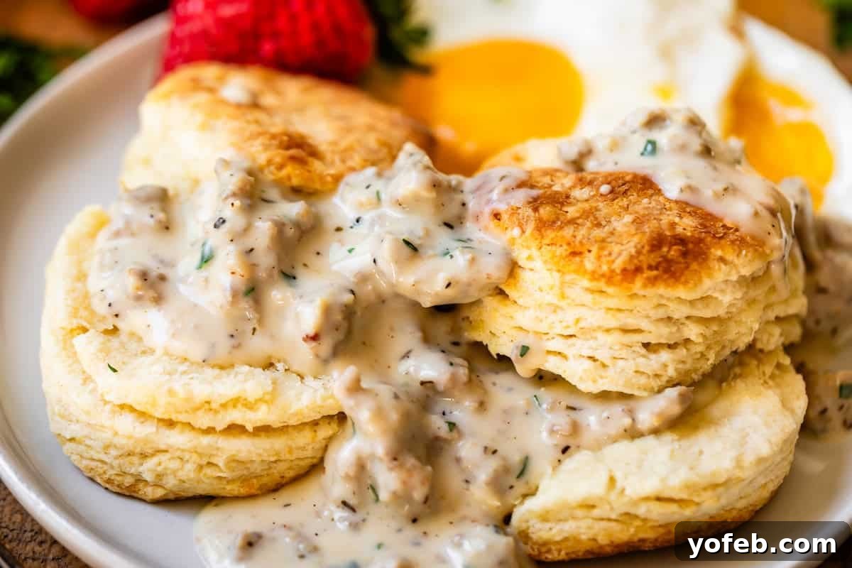 Fluffy Biscuits, Savory Gravy 18 two split biscuits with the pieces stacked and sausage gravy on top and between on a plate.