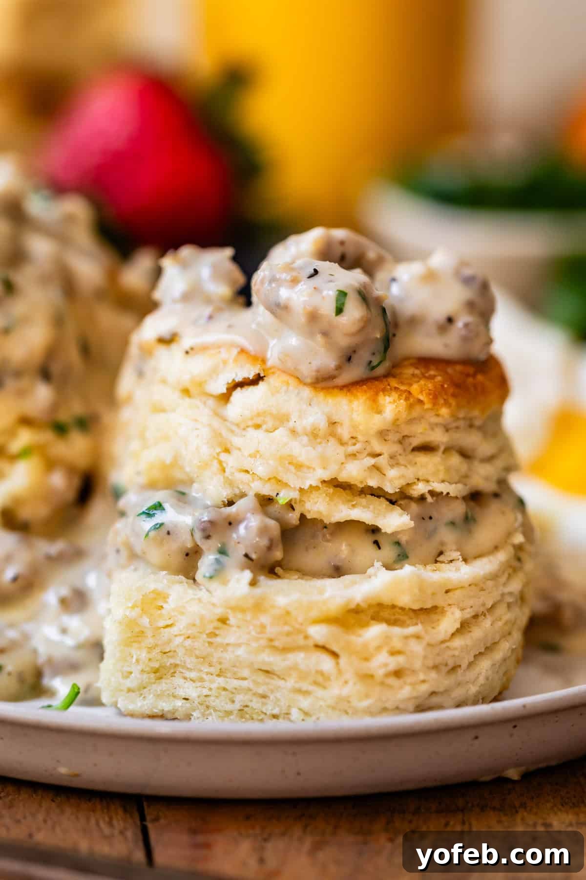 Fluffy Biscuits, Savory Gravy 20 split biscuit with the pieces stacked and sausage gravy on top and between on a plate.