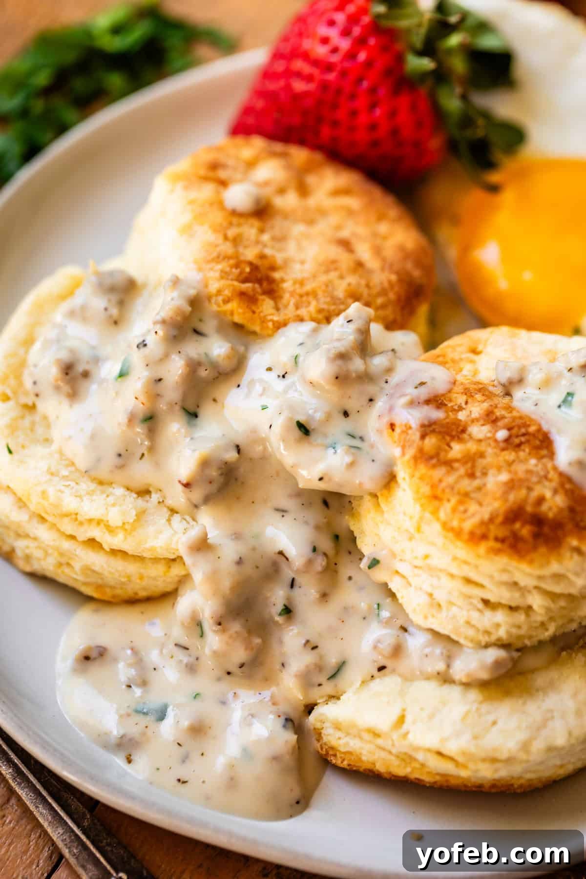 Fluffy Biscuits, Savory Gravy 3 two biscuits, gravy, and strawberries on a ceramic dinner plate on a wood table next to a fork.