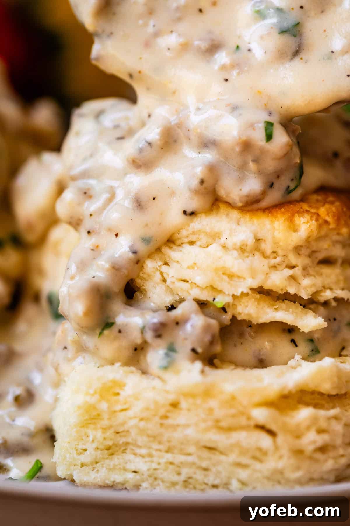 close up of a split biscuit with the pieces stacked and sausage gravy on top and between.